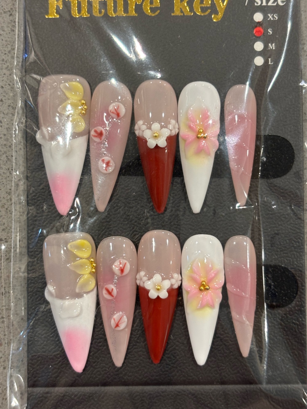 Handmade Floral 3D Press-On Nail Set - Pink, White, Red, Yellow